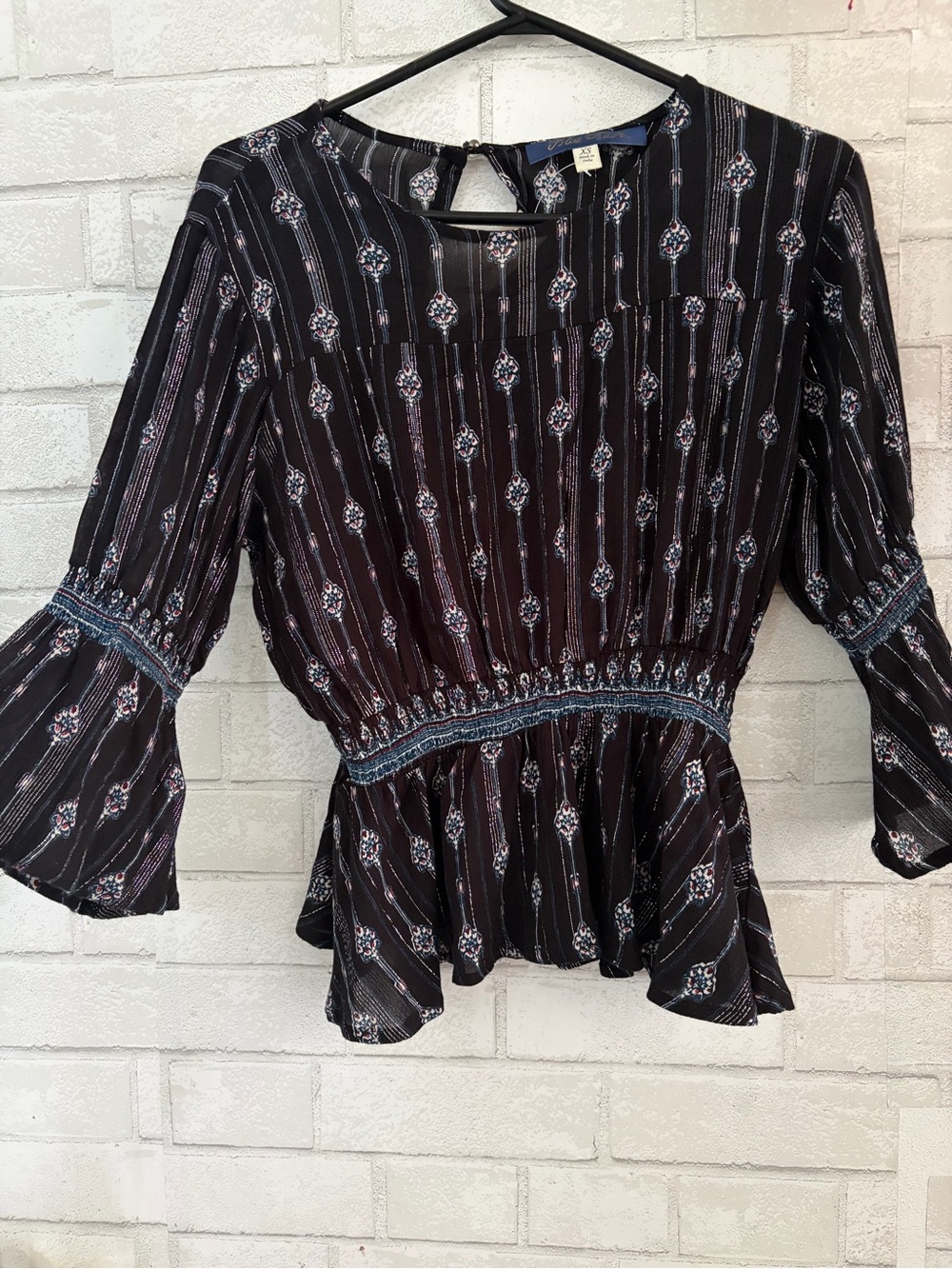 Blue Rain Black Patterned Peasant Blouse with Smocked Waist